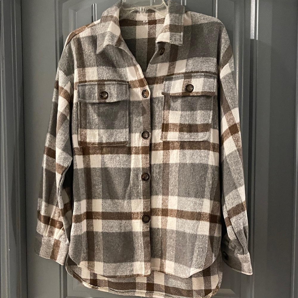 Plaid Button-Up Jacket - Brown and Gray